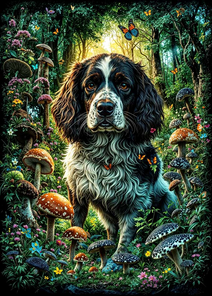 Springer Spaniel in a Mushroom Forest