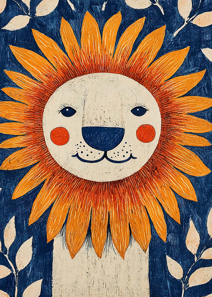 Stylized Lion Portrait with Floral Background