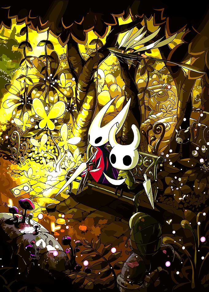 Hollow Knight characters on a bench