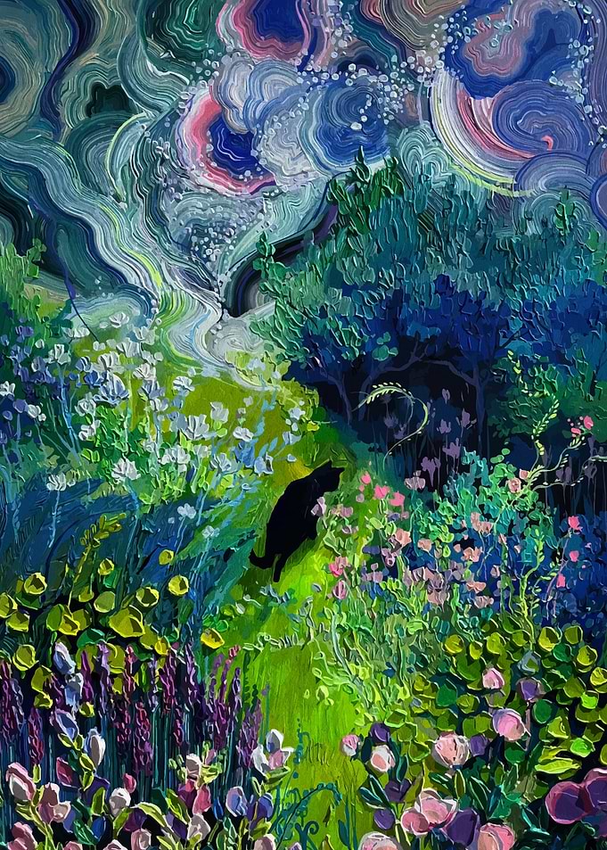 Black Cat in Garden Painting