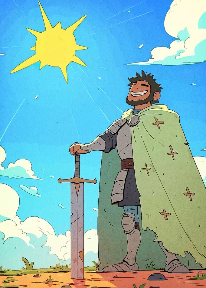 Smiling Knight with Sword in Sunlight