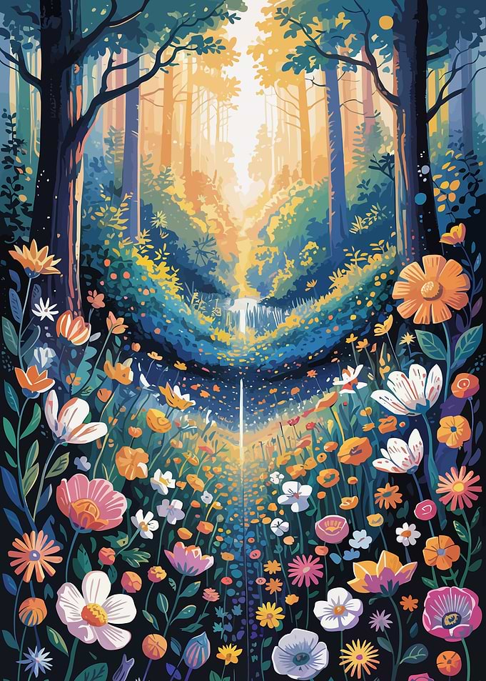 Floral Path Through Forest