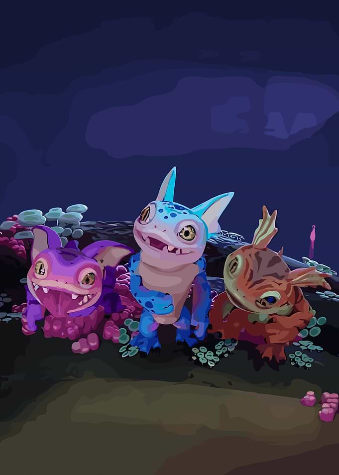 Cartoon Creatures in a Dark Landscape