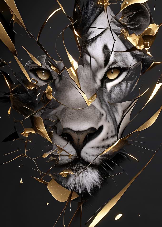 Tiger Portrait with Golden Shattered Glass