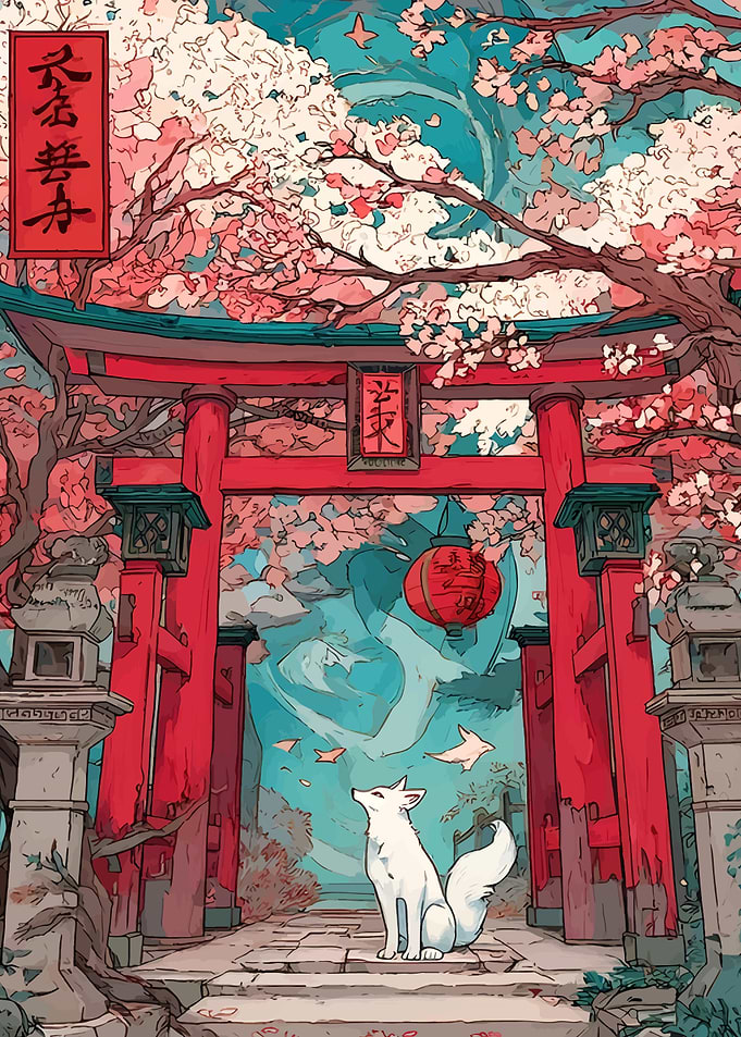 Japanese Shrine with Fox and Cherry Blossoms
