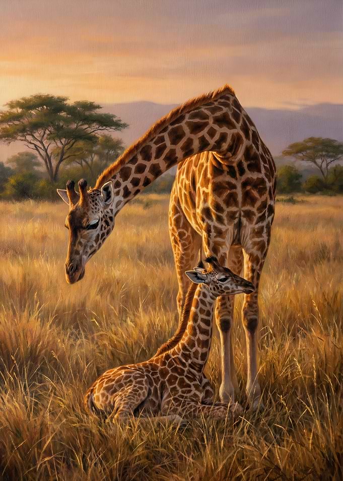 Giraffe Mother and Calf in Savannah