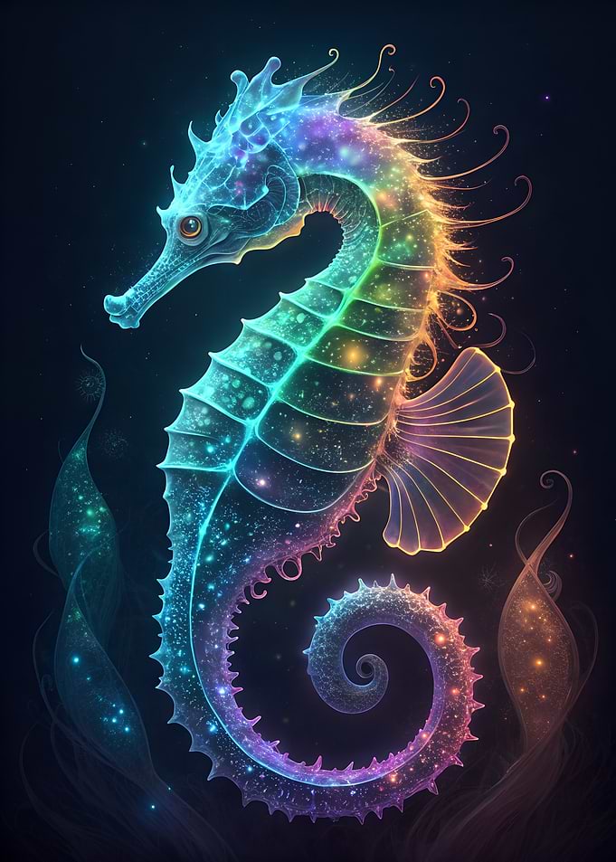 Neon Seahorse in Dark Water