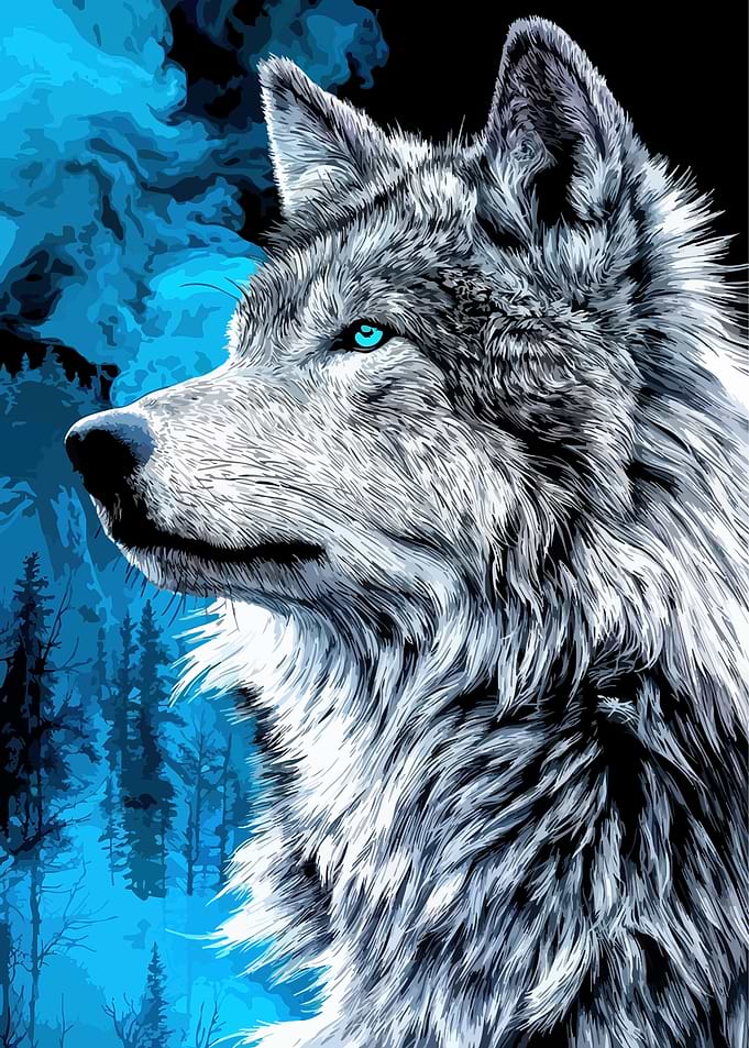 Wolf Portrait with Blue Forest Background