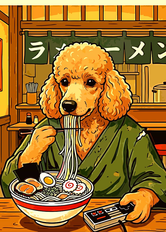 Dog eating ramen with game controller