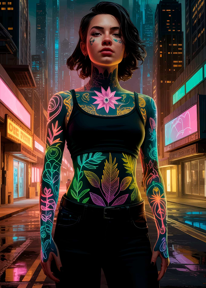Tattooed Woman in Cityscape