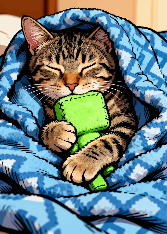 Sleeping Cat with Toy in Blanket