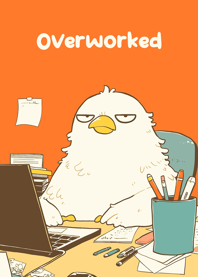 Overworked Cartoon Bird at Desk