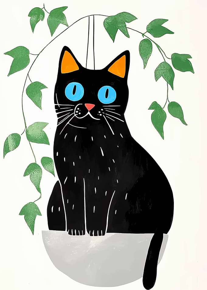 Black Cat in Hanging Plant Pot