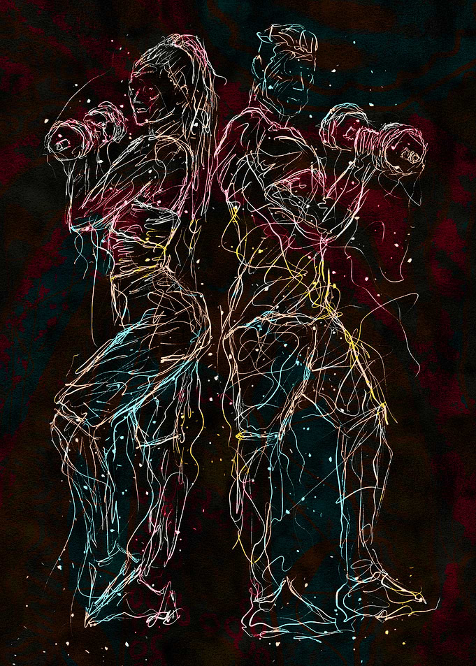 Abstract Fitness Duo with Dumbbells