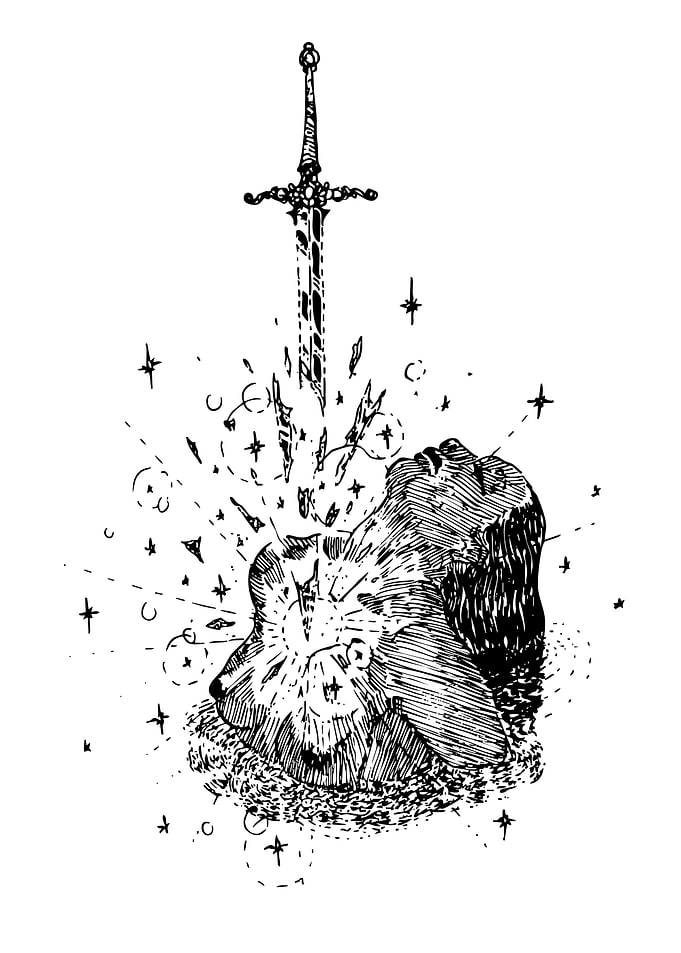 Sword through stone head, black and white