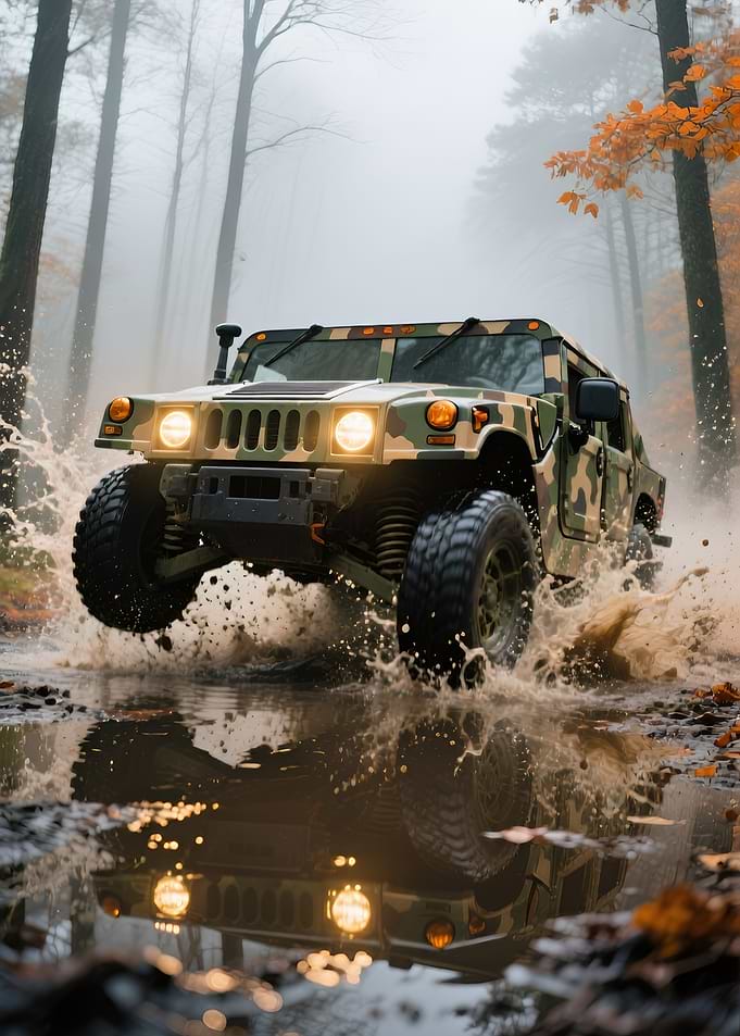 Camouflaged Hummer Splashing Through Water