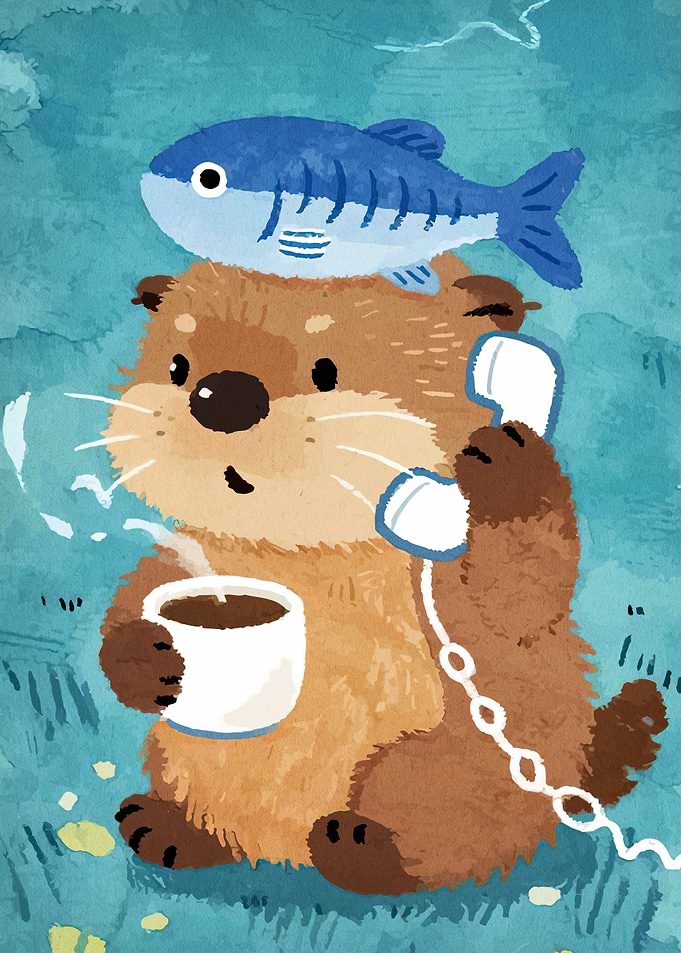 Otter with Fish, Coffee, and Phone