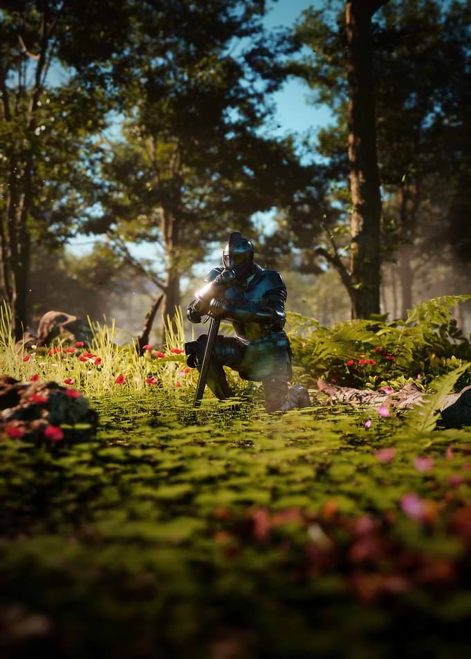 Knight kneeling in forest