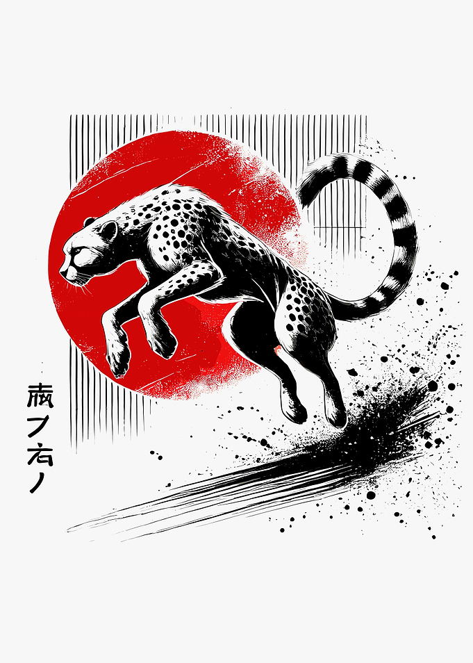 Leaping Cheetah with Red Sun