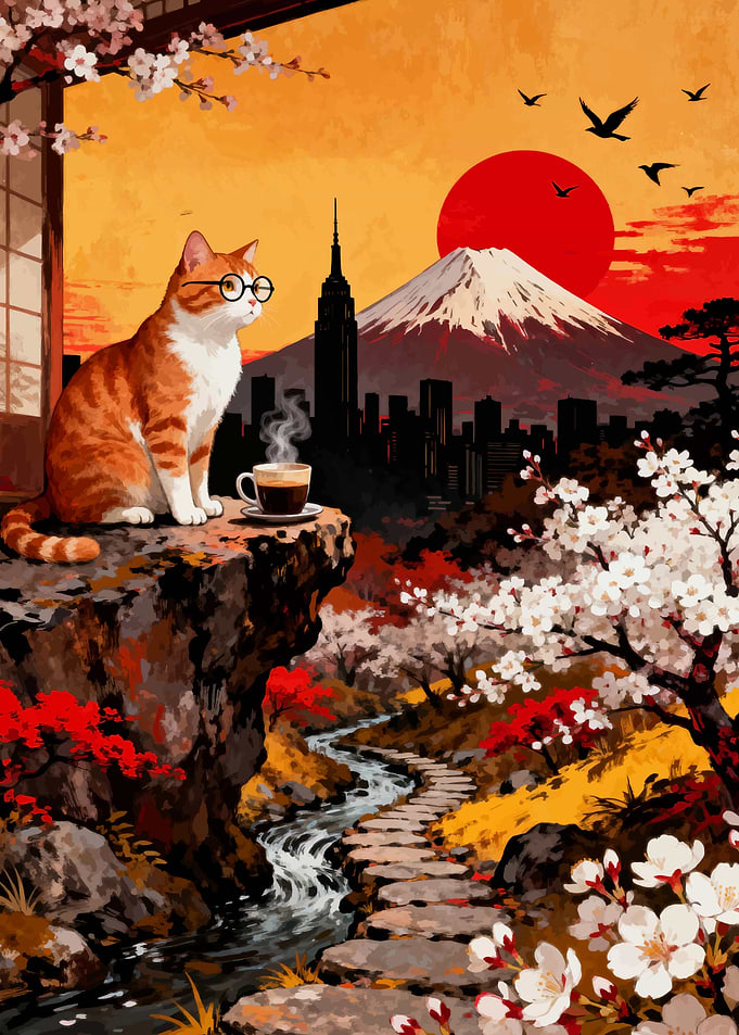 Cat with Glasses in Japanese Landscape
