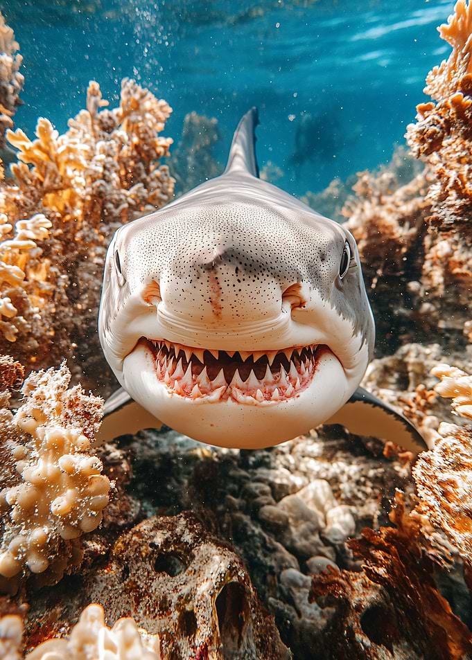 Shark portrait underwater with coral reef