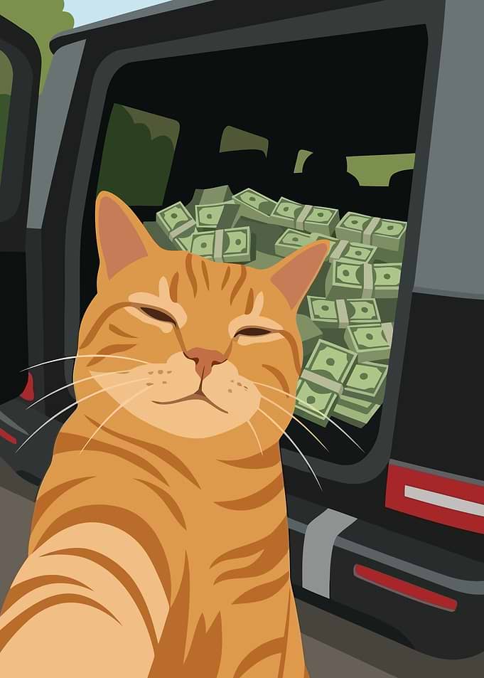 Cat with Money in Car Trunk