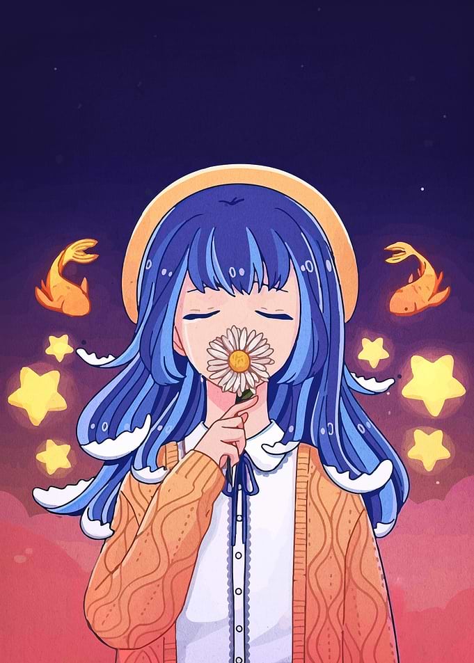 Dreamy Girl with Daisy and Stars