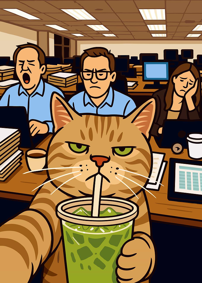 Office Cat with Matcha Drink