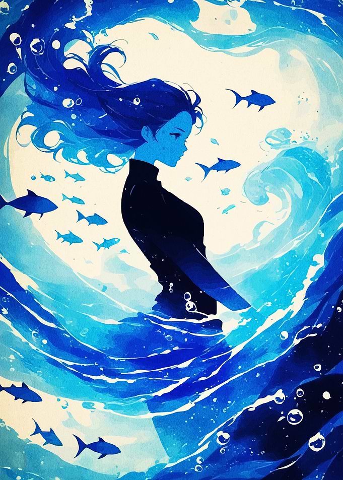 Blue Woman in Ocean Waves