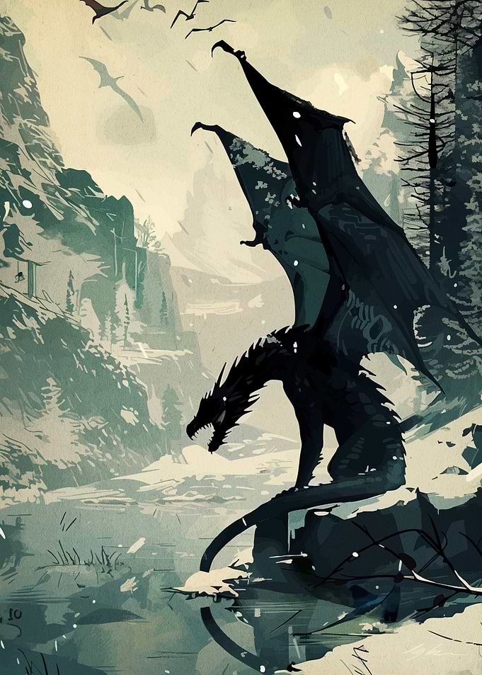 Dragon in Snowy Mountain Landscape