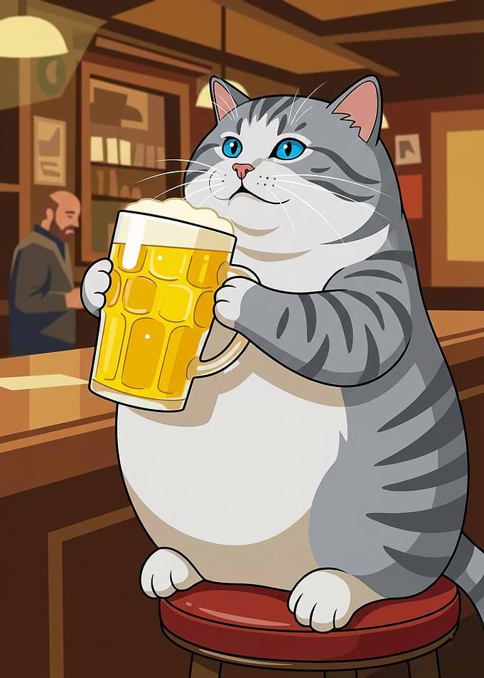 Cat drinking beer at the bar
