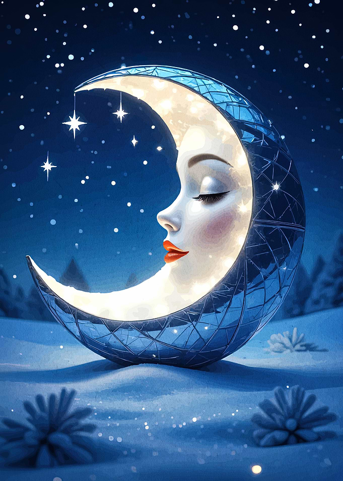 Dreamy Moon Face in Winter Landscape