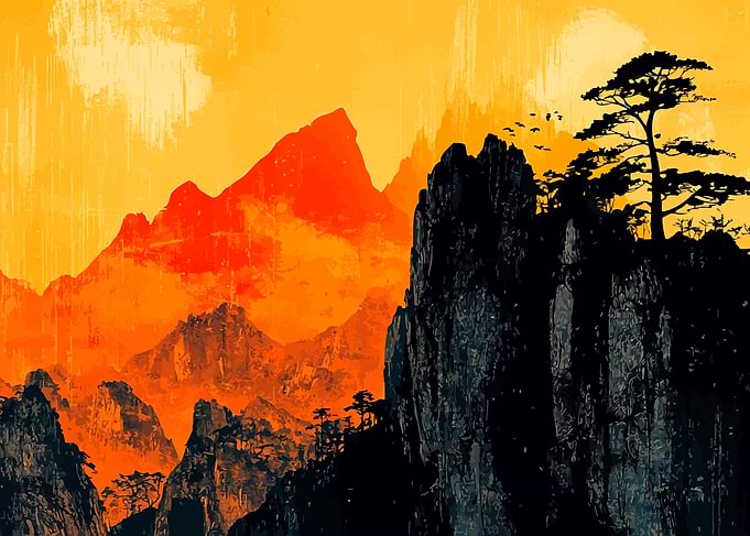 Asian Painting Style Landscape Minimalist Abstract Illustration Art