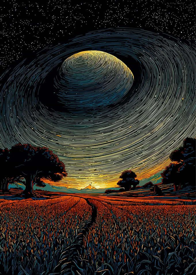 Surreal Landscape with Swirling Sky