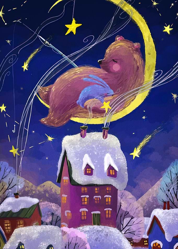 Dreamy Winter Night Scene with Bear
