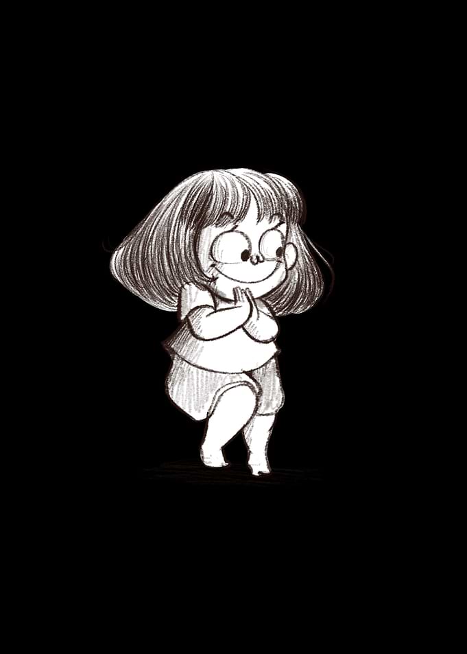 Cartoon Girl Sketch on Black Background