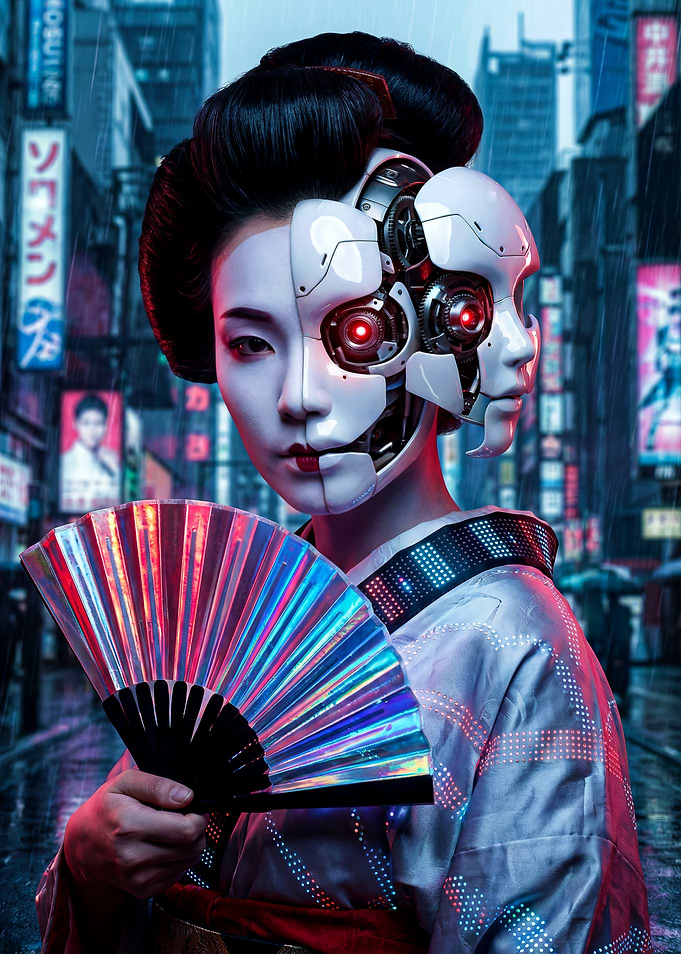 Cyberpunk Geisha with Robotic Face