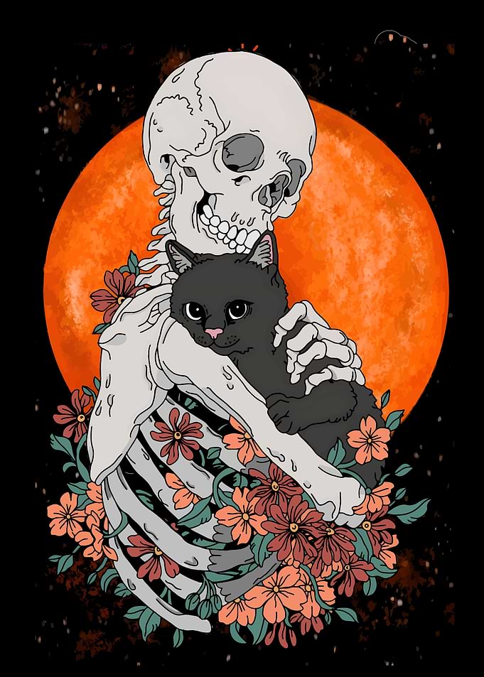 Skeleton, Cat, and Flowers Illustration