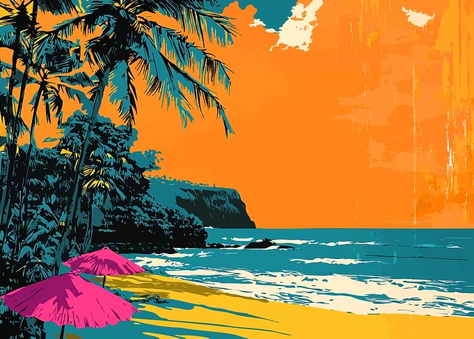 Retro Vintage Tropical Beach with Palm Trees Minimalist Abstract Art Illustration