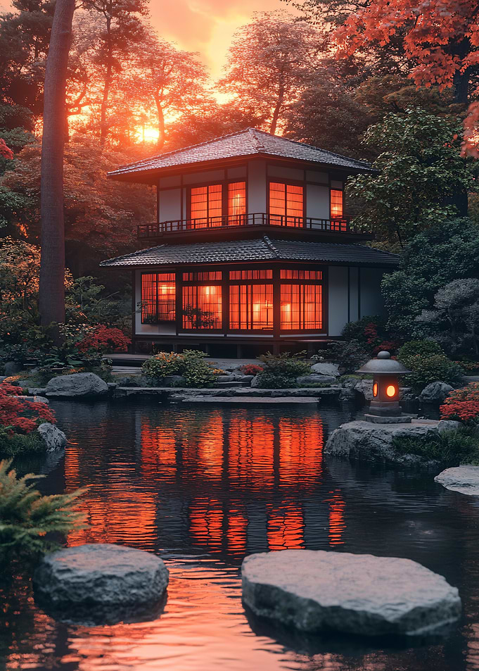 Japanese House Reflection in Water
