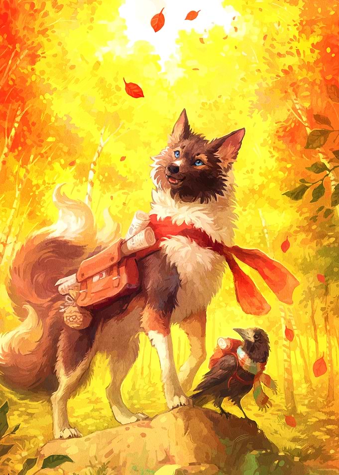 Autumn Adventure: Dog and Crow Companions