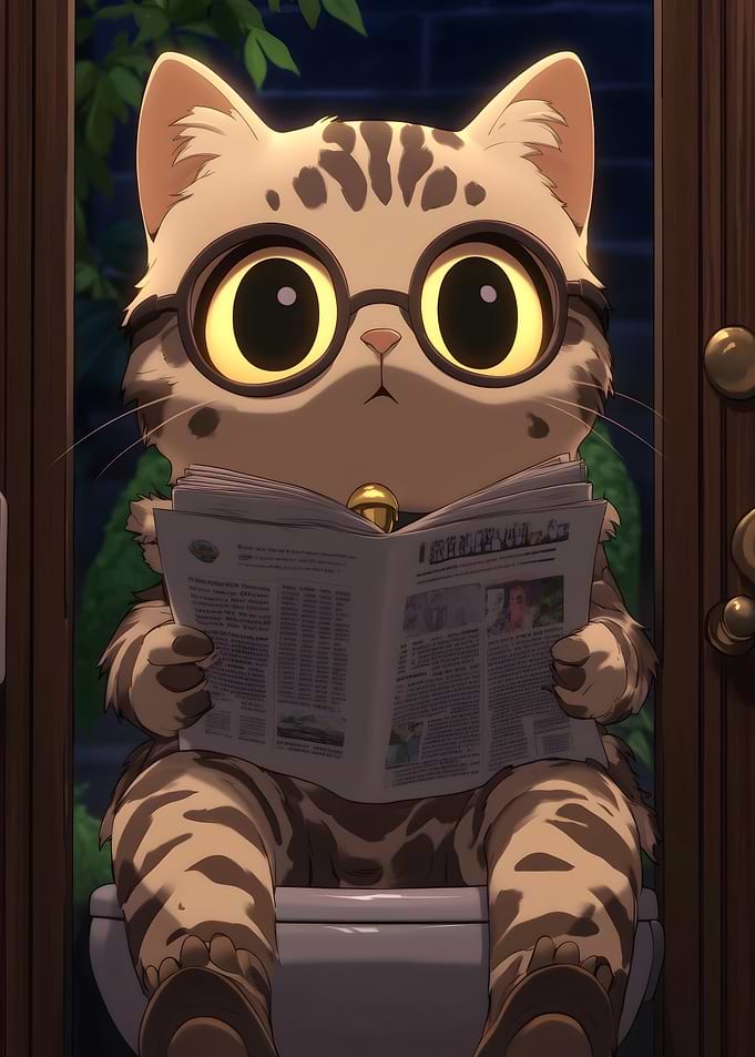 Cat reading newspaper on toilet