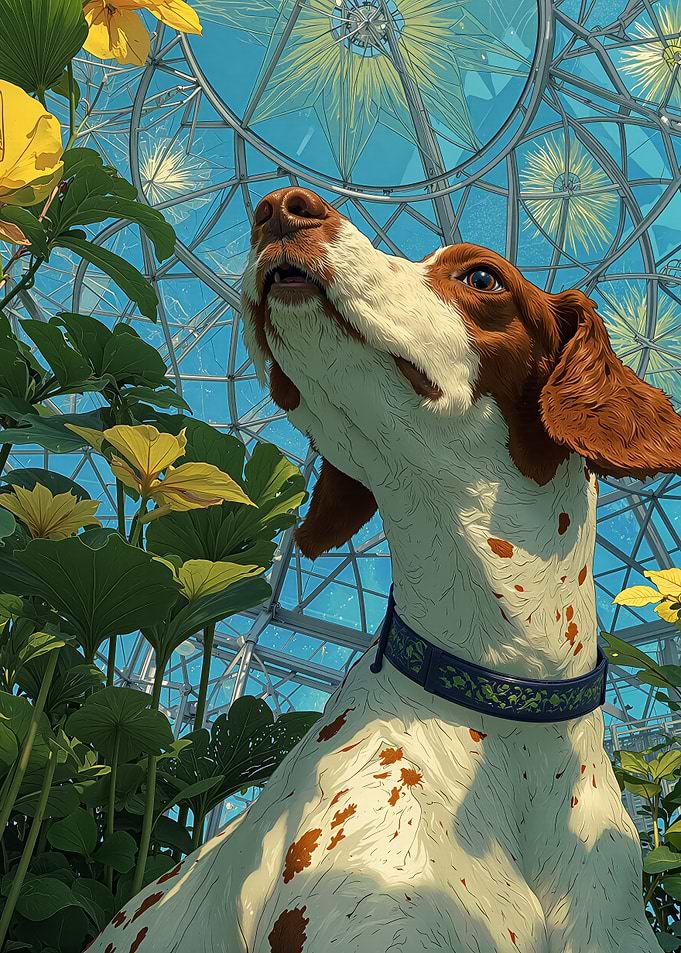 Springer Spaniel in Greenhouse