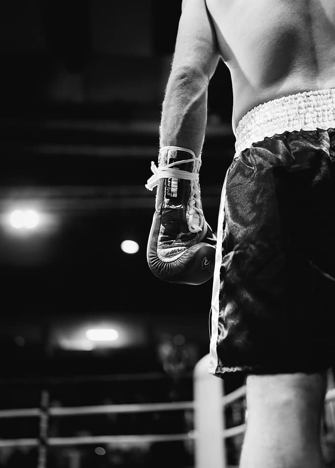Boxer in the ring, black and white