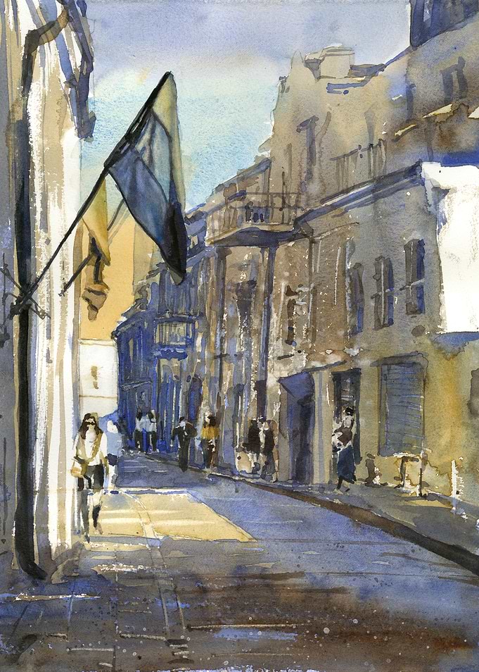 Watercolor Painting of a European Street- Vilnius