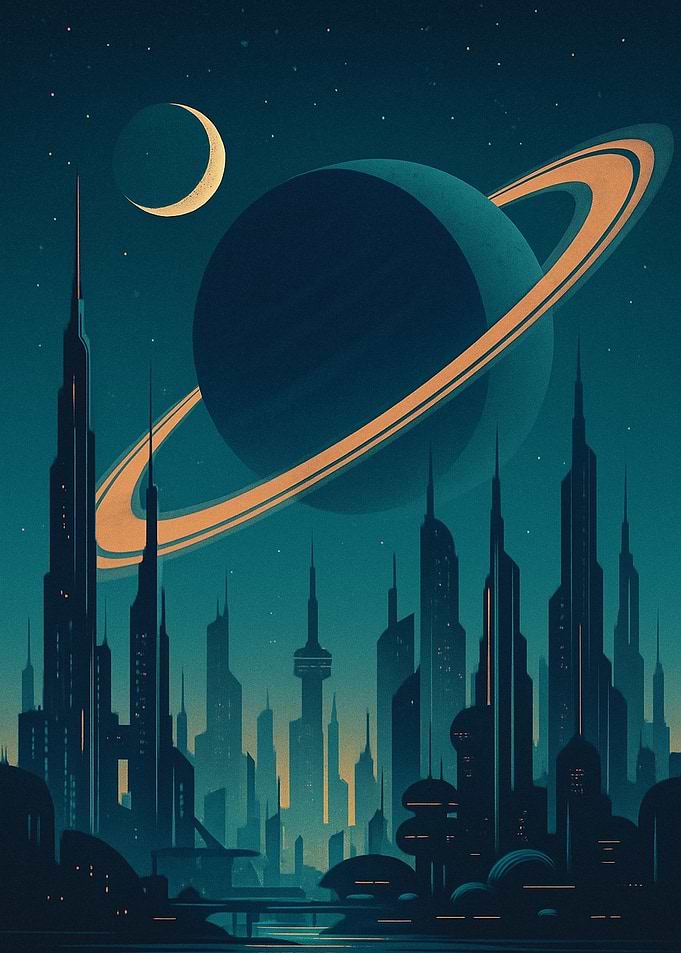 Futuristic Cityscape with Planet and Moon
