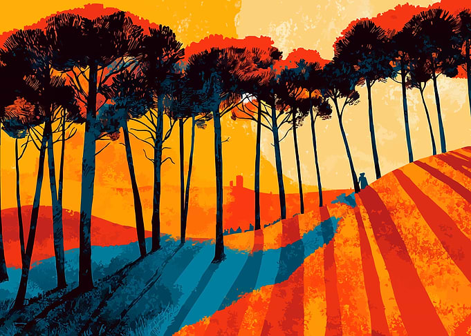 Sunset Trees Landscape Minimalist Art Illustration