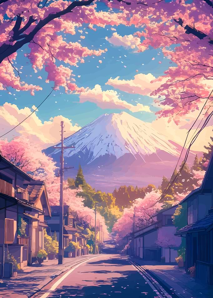 Mount Fuji Cherry Blossom Anime Landscape