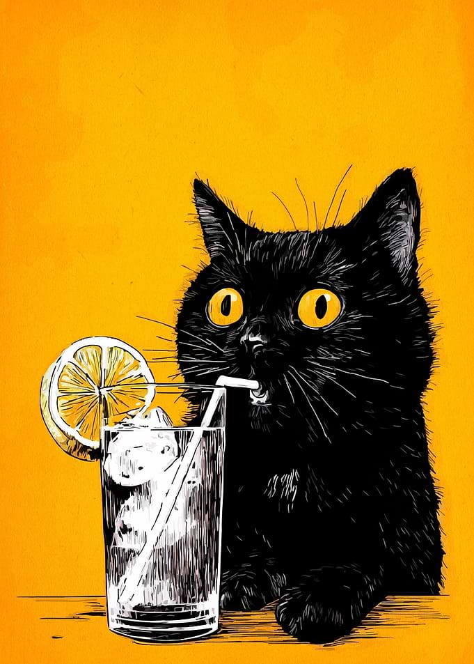 Black Cat Drinking Lemonade Illustration
