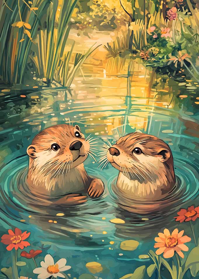 Two Otters in a Pond